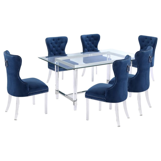7pc. 68" x 40" Glass Dining Set with 6 Chairs and Silver Stainless Steel