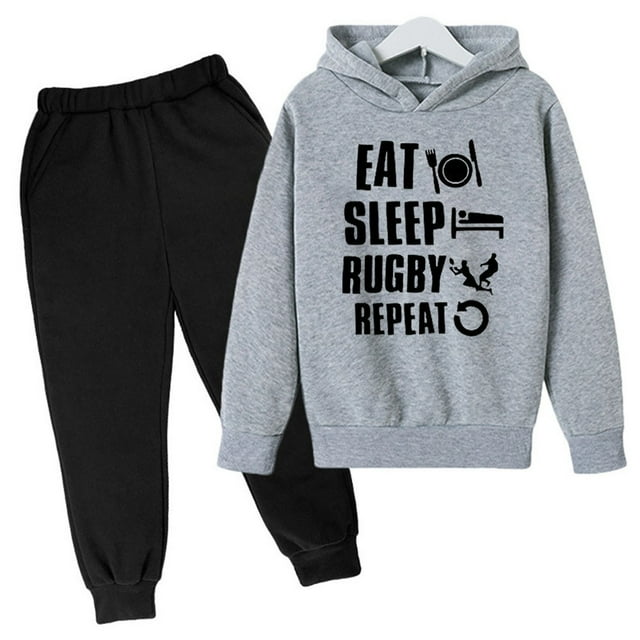 Boys Athletic Football Rugby Sports Fan Hoodie Pullover and Pants Jogging Tracksuit Set for Kids Wear