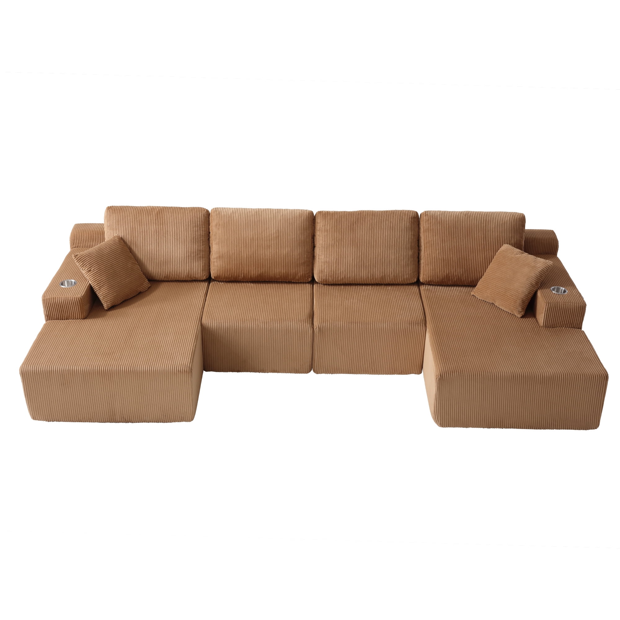 130" U-Shaped Boneless Modular Sectional Sofa with Chaise, 6 Pillows and Cup Holders