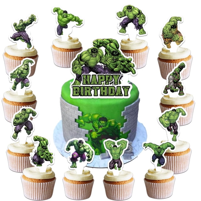 Suministros para fiestas de cumpleaños LDAKZFV Hulk con 1 adorno para tartas, 24 adornos para magdal