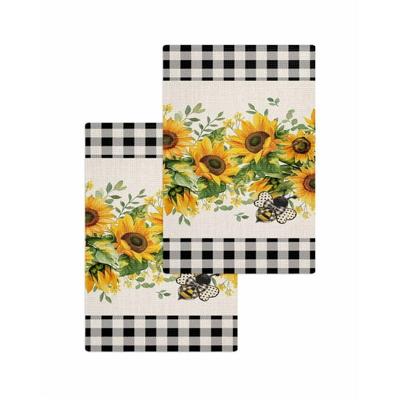 Sunflower Black Kitchen Dish Towels for Drying Dishes Set of 2, Country Plaid Summer Bee Spring Leaf Waffle Weave Microfiber Terry Hand Tea Bathroom Towels Quick Dry & Absorbent Towel 15.7x23.6