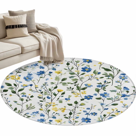 Blue Yellow Floral Spring Large Area Rugs for Bedroom Living Room, Soft Non Slip Carpet Bedside Rug, Summer Botanical Green Pastoral Round Floor Cover Kitchen Accent Rug 4' for Dining Room/Office