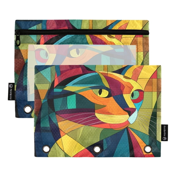 2 Pack 3 Ring Binder Pouch with Clear PVC Window Water Resistant Zipper Pencil Pouch Colorful Cat Binder Pocket for Classroom Office Home Stationery Organization