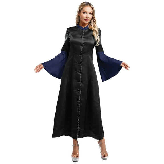 Linjinx Women's Clergy Robe Flared Sleeves Clergy Gown Elegant Liturgical Church Clergy Dress Navy Blue XL