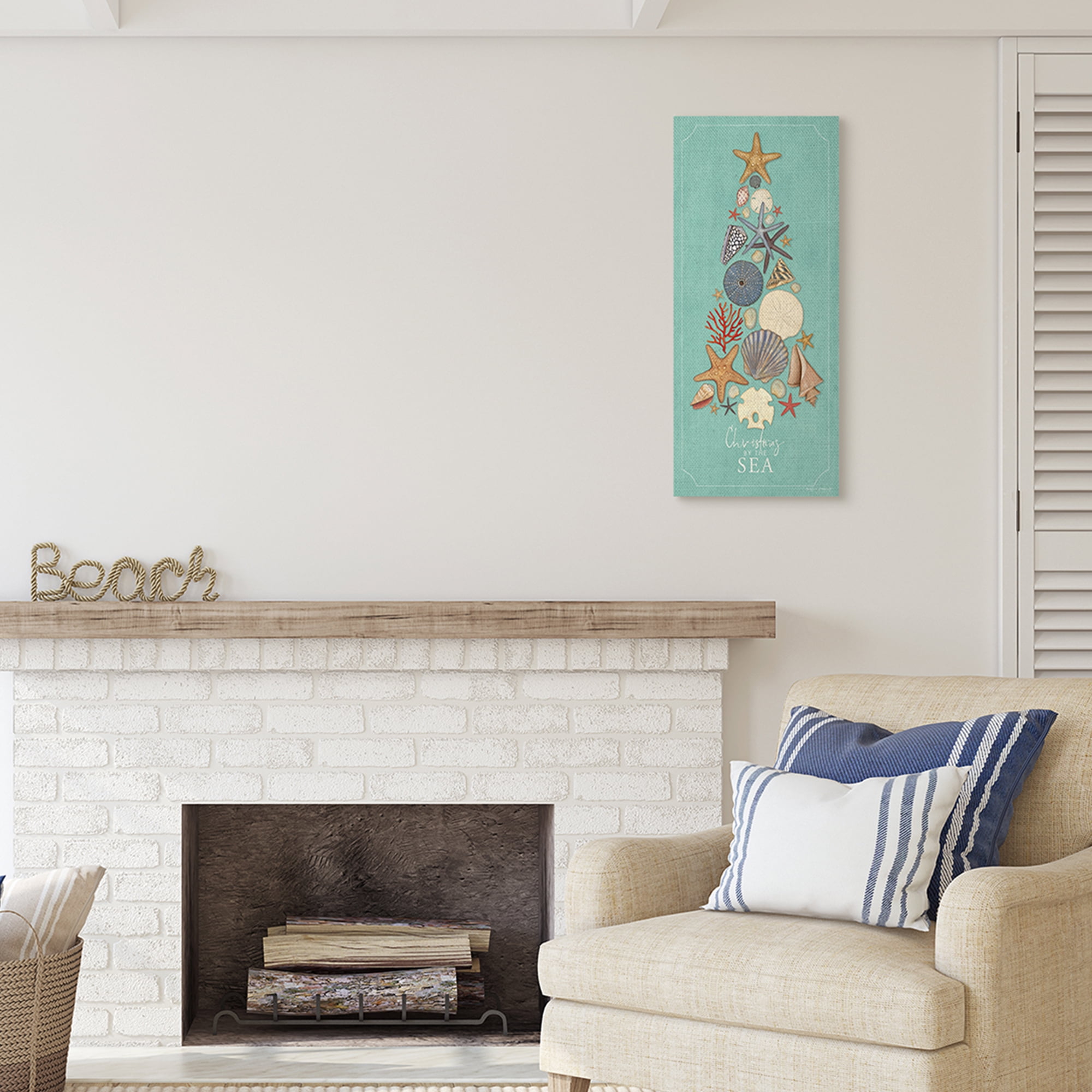 Stupell Industries Christmas By Sea Phrase Seashell Holiday Tree Nature Painting Gallery Wrapped Canvas Art Print Wall Art, 13 x 30