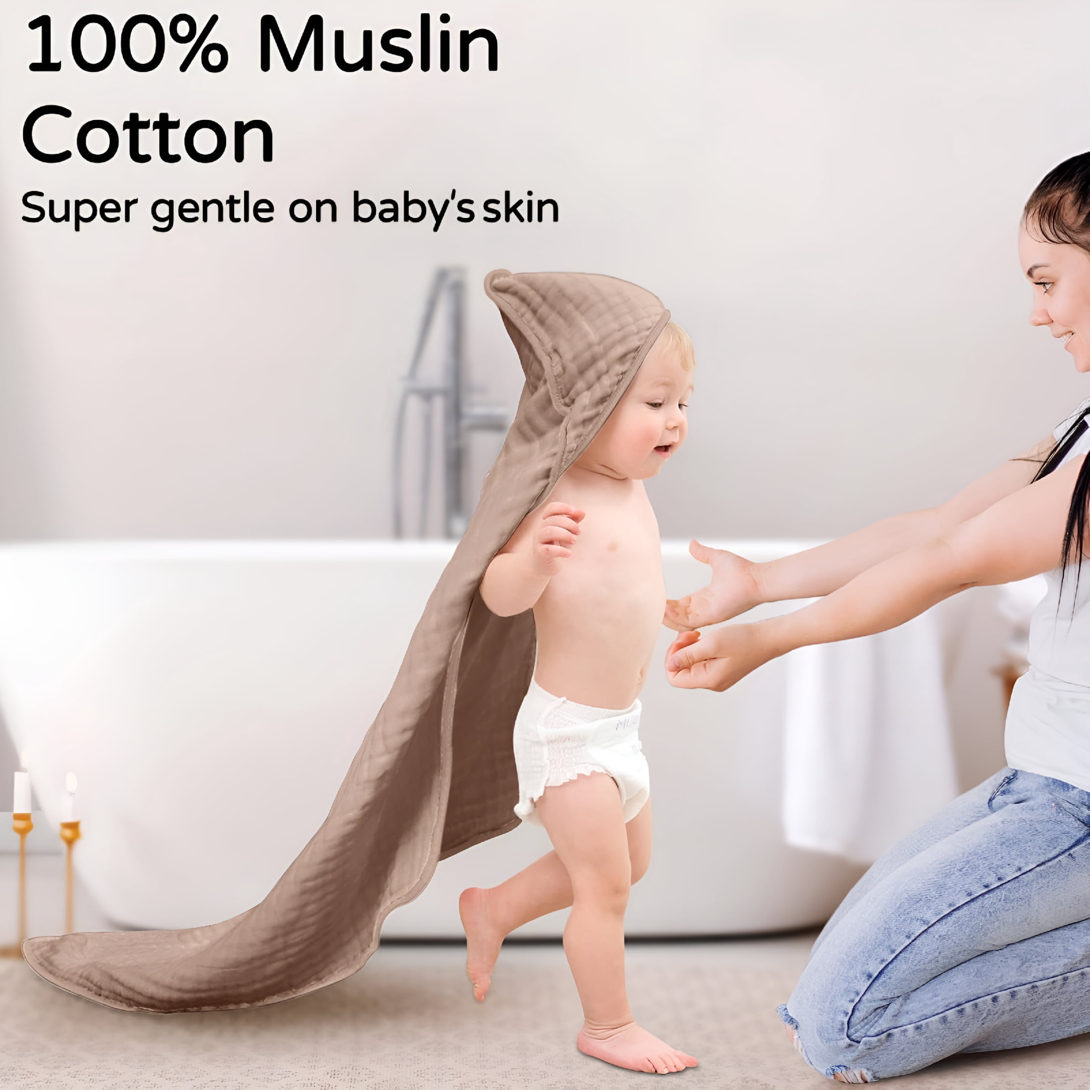 AUQ 2026 New Hooded Baby Towels for Newborn 2 Pack 100% Muslin Organic Cotton Baby Bath Towel with Hood for Babies,Infant,Toddler&Kids,32X32Inch,Soft&Absorbent Newborn Essential,Beige&Coffee