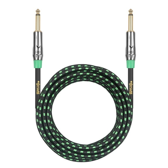 Clef Audio Labs Instrument Guitar Cable 6.35mm TS to 6.35mm TS, Black Chrome Zinc Alloy Shell/Green Braided - 15FT - 1PK