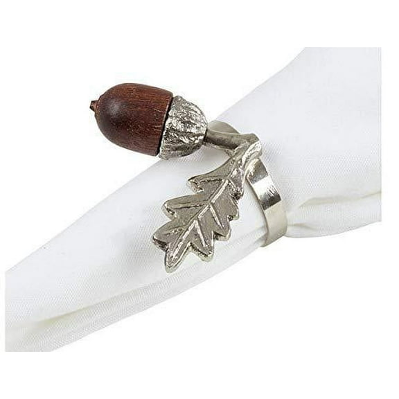 Fennco Styles Classic Acorn Design Silver Brass Napkin Rings, Set of 4