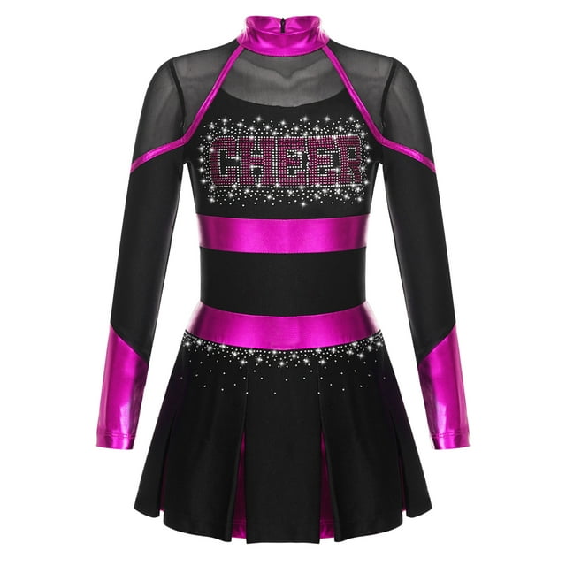 JanJean Tenues d'Uniforme de Cheerleading pour Filles Manches Longues Robe Imprimée Lettre Danse Performance Noir&Rose Vif 12