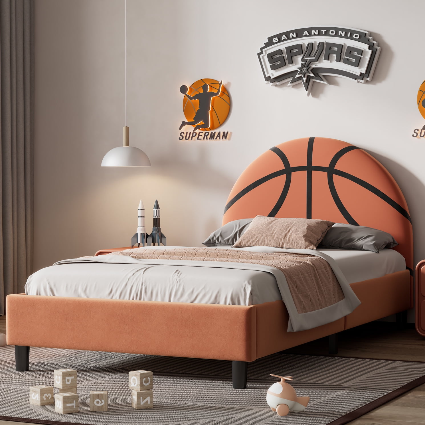 Twin Size Upholstered Platform Bed, Sport Style Wooden Bed Frame with Basketball Design Headboard and Slats, for Boys & Girls, Teens (Orange)