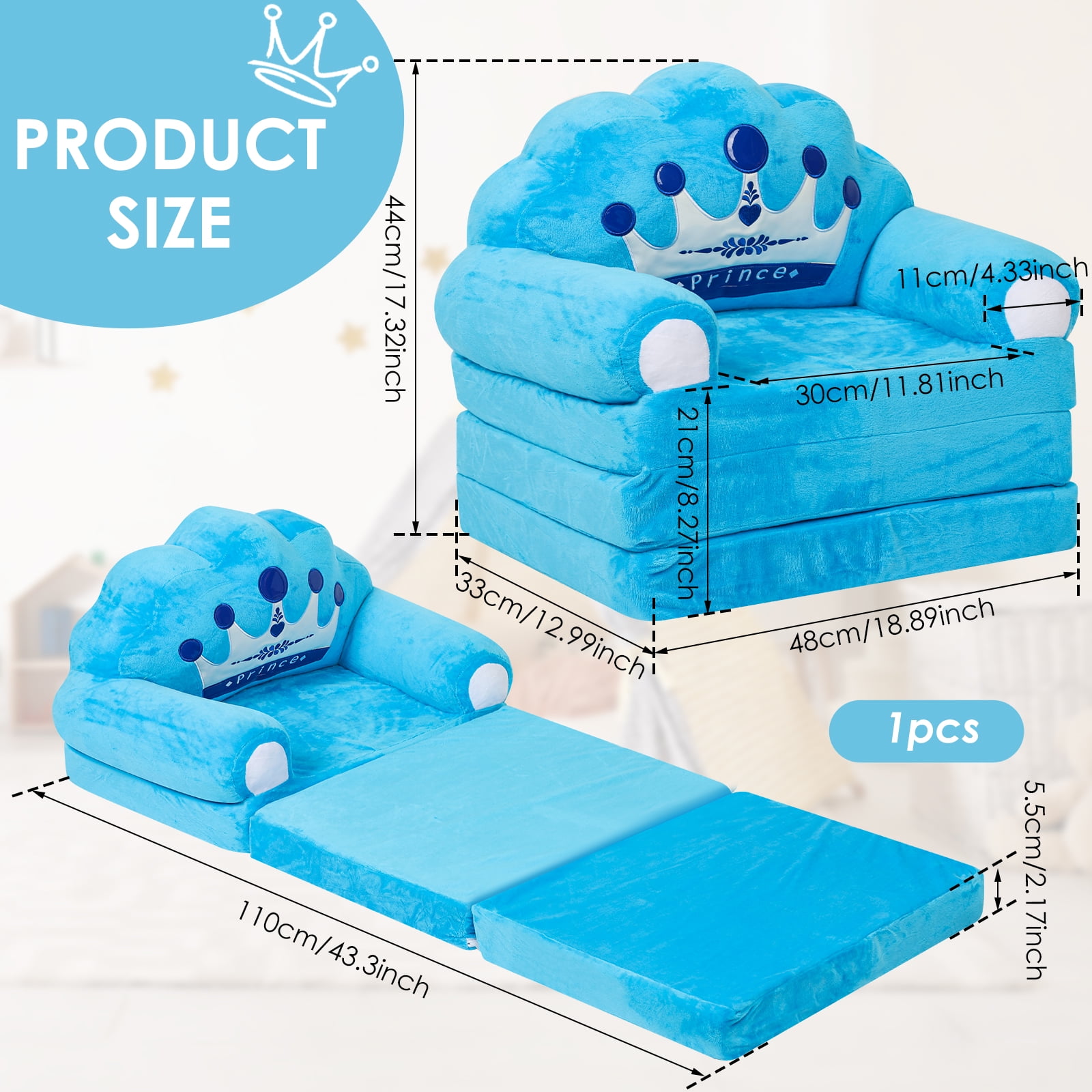 Dznils Toddler Sofa Chair, 2-in-1 Soft Foam Flip Open Kids Couch Lounger Comfy, Ages 1+, Blue Prince