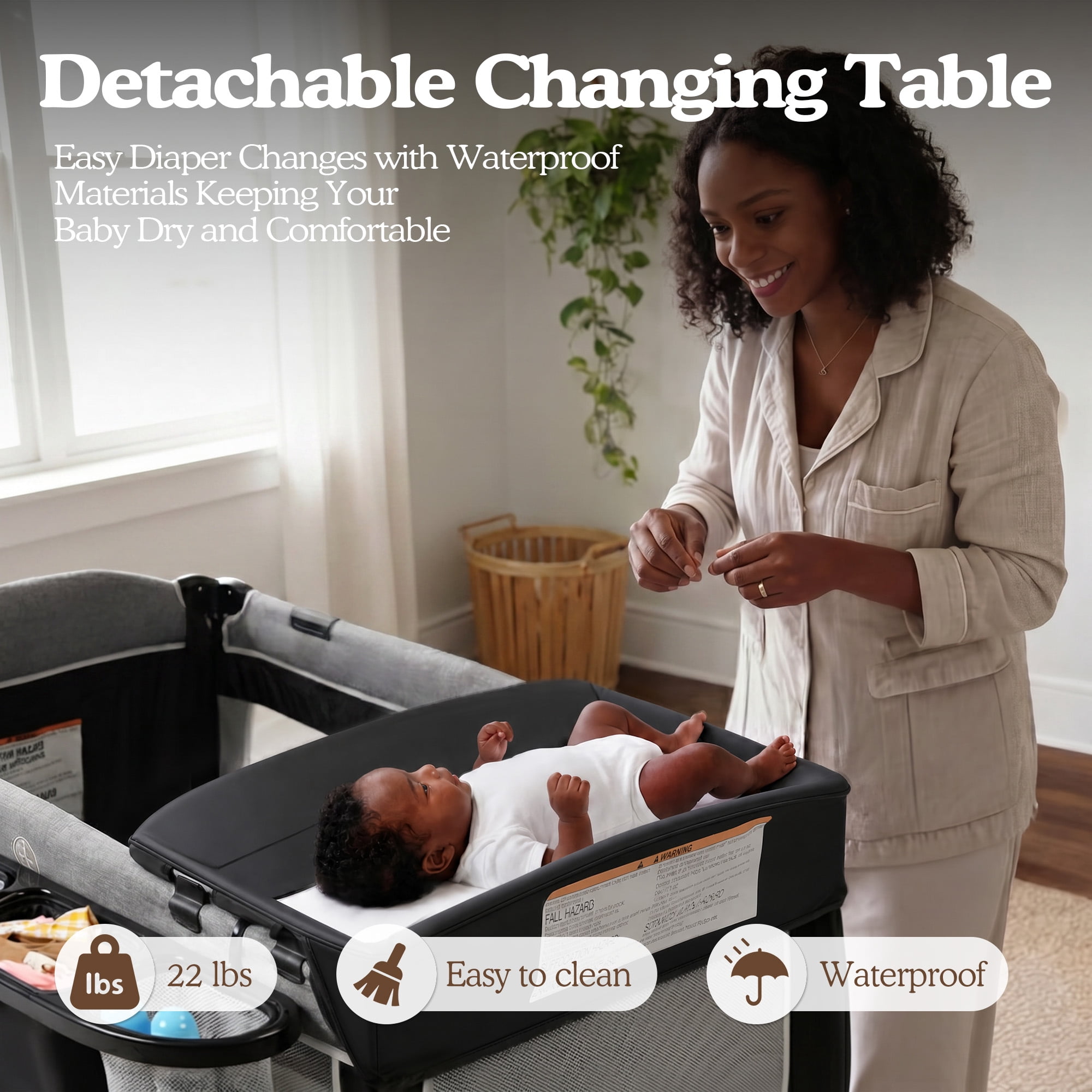LINLUX Foldable Baby Bedside Crib Bassinet, Infant Pack and Play Playard, Newborn Playpen Changing Table,Dark Gray
