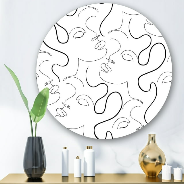 Designart - Monochrome One Line Drawing Portraits - Modern Metal Circle Wall Art