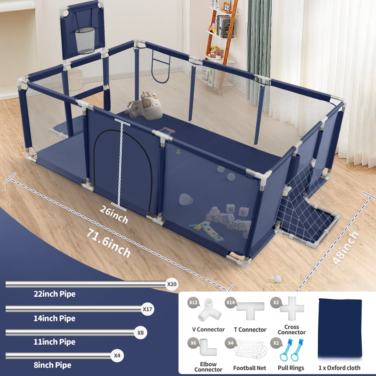 Baby Playpen, HDJ 71 inch Extra Large Baby Playard with Basketball Hoop and Breathable Mesh, Play Fence for Indoors Outdoors,Blue