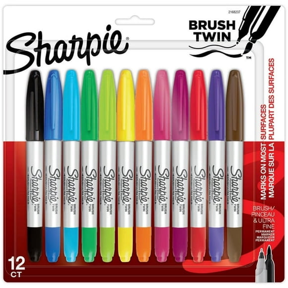 Sharpie Brush Twin Permanent Markers, Brush Tip Marker and Ultra Fine Tip Marker, Assorted, 12 Count
