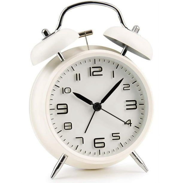 Reloj despertador de doble campana con luz nocturna, reloj despertador de campana retro, alarma fuerte, unidad de cuarzo, sin tictac silencioso, esfera grande de 4 "- blanco Vhermosa