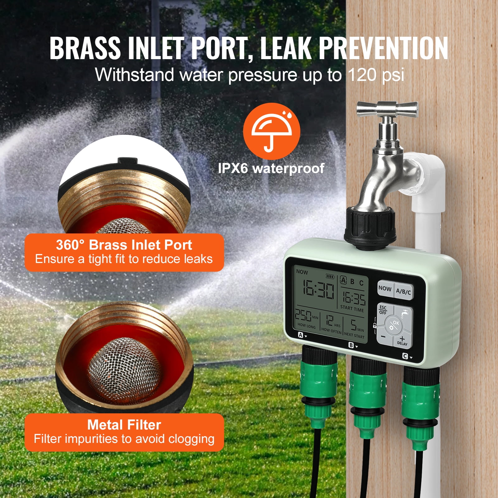 KFFKFF Water Scheduler, Triple Outlets, Sprinkler Control Timer, featuring Trio Independent Zones, LCD Screen, Rain Postpone Function, Hand-Operated Setting, 360?? Brass Connection, Metal Strainer