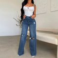 thumbnail image 4 of Sngxgn Women's Jeans High Stretch Mid Rise Straight Leg Ripped Jeans Cut Pull On Denim Pants(A,M), 4 of 4