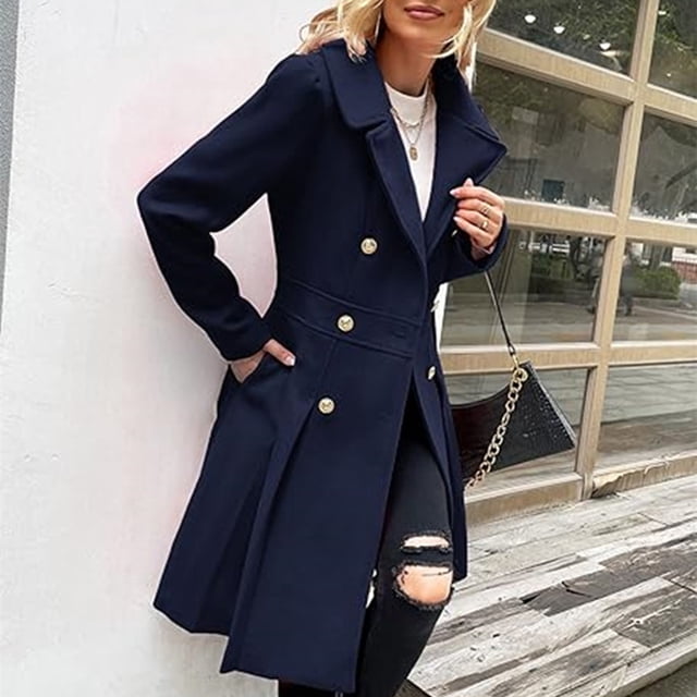 WRKEKC Double-Breasted Wool Blend Coat Notched Lapel Functional Pockets Longline Formal Wear Fall Winter Plus Size Available Navy L