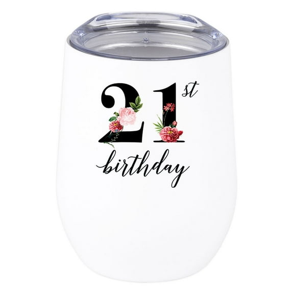 Koyal Wholesale 21st Birthday Wine Tumbler with Lid 12oz Stemless Stainless Steel Insulated Floral 21st Birthday Tumbler