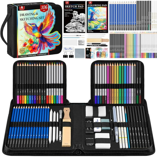 TEMOGU-106 PCS Art Supplies Sketching Kit, Pro Drawing Pencils with 3-Color Sketchbook, Coloring Book, Colored Graphite Charcoal Watercolor & Metallic Pencils, Drawing Supplies Gifts for Artists Adul