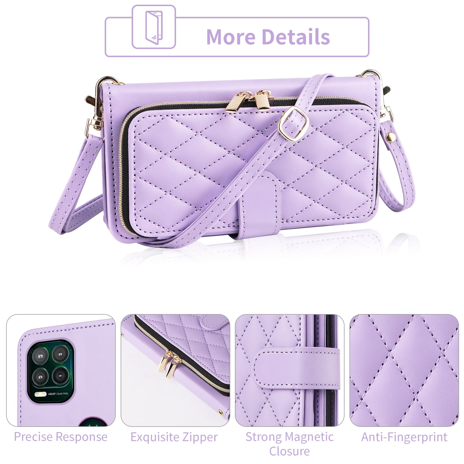 Furiet Argyle Wallet Case for Moto G Stylus 5G 2021 with Wrist/Shoulder Strap Zipper Purse, Luxury PU Leather Card Holder Slots Stand Phone Cover for Motorola GStylus G5 XT2131DL Women Purple