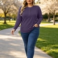 thumbnail image 7 of Xaqiouau Large-size Women's Long-sleeved Sweatshirt Raglan Sleeves Button-up Round Neck Casual Loose Top Solid Color Pullover Tee Everyday Essential Basic Shirt Purple XXXL, 7 of 7