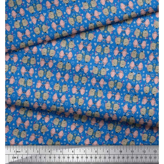 Soimoi Blue Cotton Duck Fabric Hearts & Owl Bird Printed Craft Fabric by the Yard 42 Inch Wide