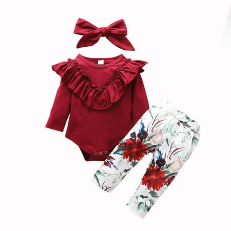 

Dadaria Cute Baby Boys Girls Clothes Newborn 0-24M Newborn Long Sleeve Ruffle Romper Floral Pants Headbands Outfits Set Red 100 Toddler
