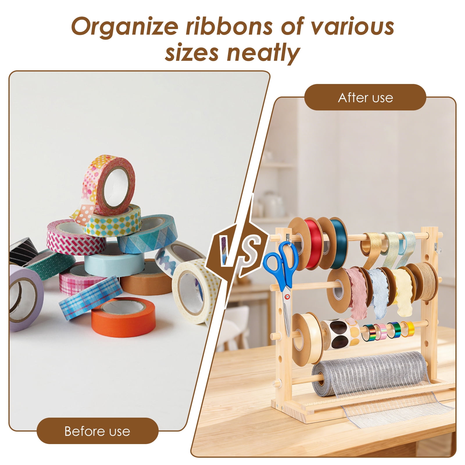 Threns Wooden Ribbon Storage Rack,4 Tier Ribbon Storage Organizer,Thread Washi Tape Spool Holder Organizer for Sewing Craft Wreath Crochet Roll Florist Arts Wrapping Gift,15.7"