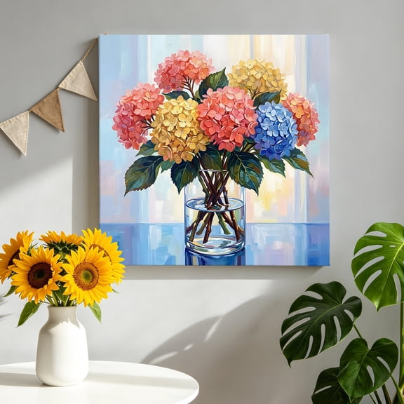Canvas Wall Art Colored Hydrangea Canvas Art Print Summer Soring Oil Painted Floral Vase Pictures Wall Decor for Living Room Bedroom Artwork Decorations Stretched Framed Ready to Hang 16"x16"