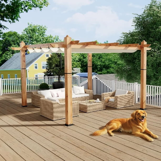 Qinaqin 10X10 Pergola Retractable Canopy Madera Grain Aluminum Frame Structure para Backyard de Profundidadck Porch Patio