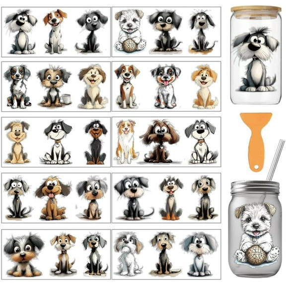 10 Pcs Comic Puppy PVC Cup Transfer Stickers Various Dog Colorful UV Waterproof Cup Sticker Kit for 16 oz Glasses Window Home Printing Decoration 9.5x4.3inch