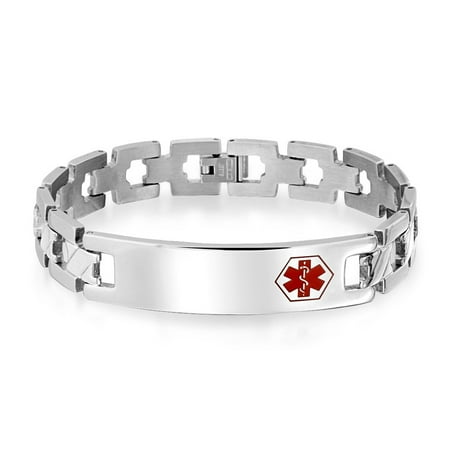 Med Id Bracelet Engravable Doctors Medical Alert ID Identification Bracelet Cross Link Band For Men For Teen Silver Tone Stainless Steel ()