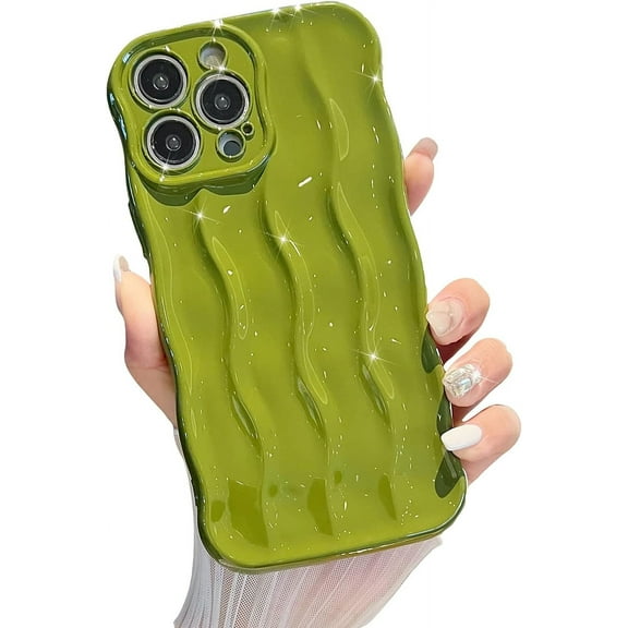 iPhone 13 Pro Max Case, Water Ripple Pattern Cute Bling Glitter Curly Wave Frame Phone Case for Women Girls Fashion Soft Silicone CProtective Back Cover (Green)