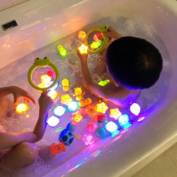 Bath Toys for Toddlers 1-3, Auto Light Up Baby Bathtub Toys with Fishing Net, Floating Ocean Animal Water Toys for Infants 6 12 18 Months, Waterproof Pool Toys Gift for Baby Boys Girls