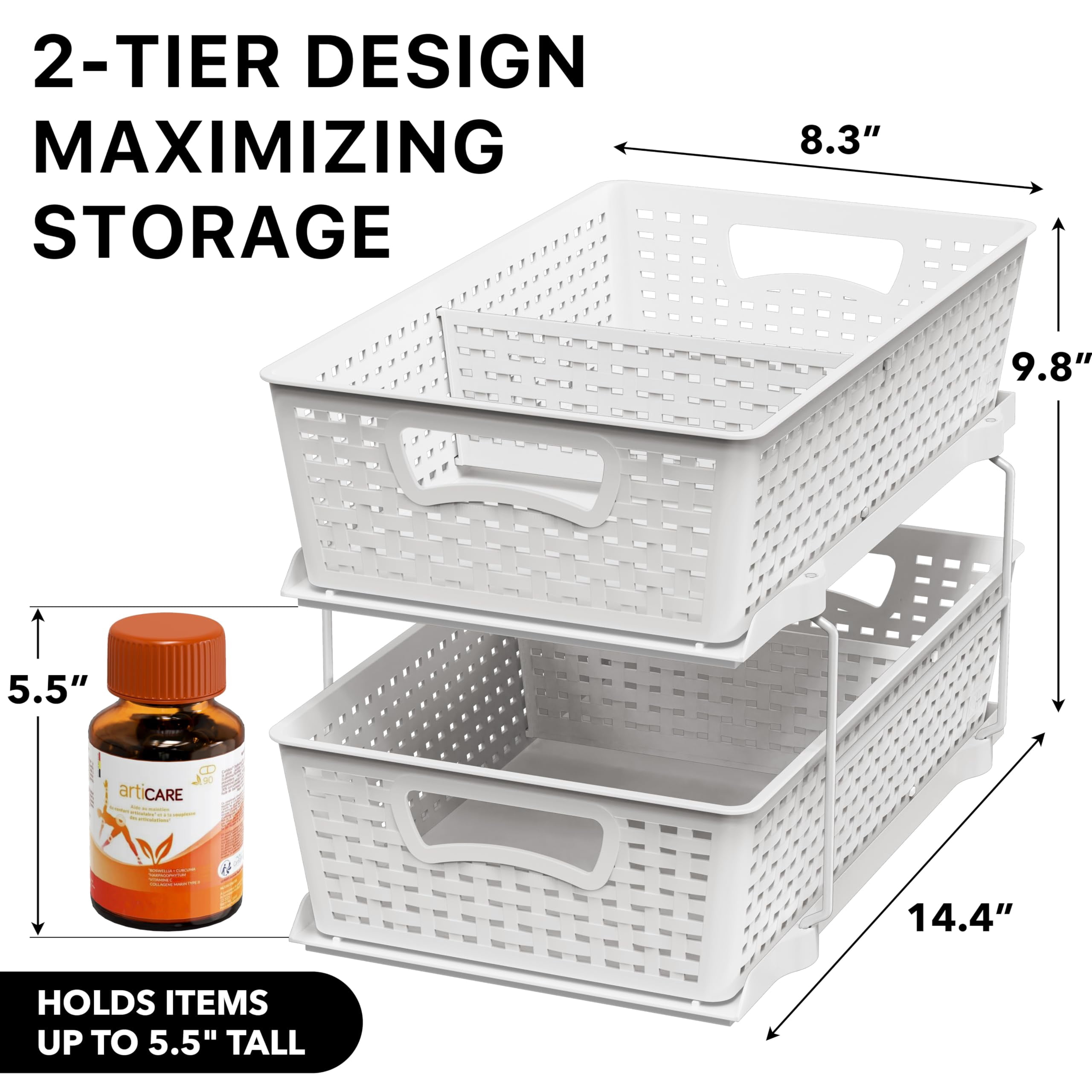 2 Tier Bathroom Organizer Tray Pull-out Sliding Drawer  Under Sink Storage White
