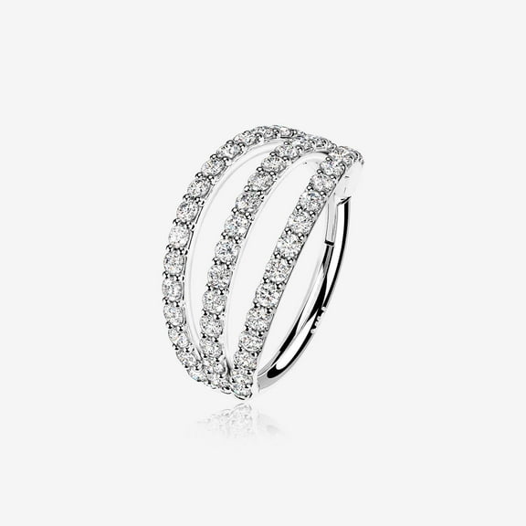 14 Karat White Gold Triple Hoop Sparkle Rows Seamless Clicker Hoop Ring