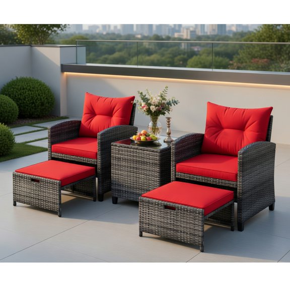 Topcobe 5 Piece Patio Rattan Furniture with 2 Ottomans and Tempered Glass Coffee Table, Outdoor Patio Furniture for Garden Backyard Pool Deck-Red