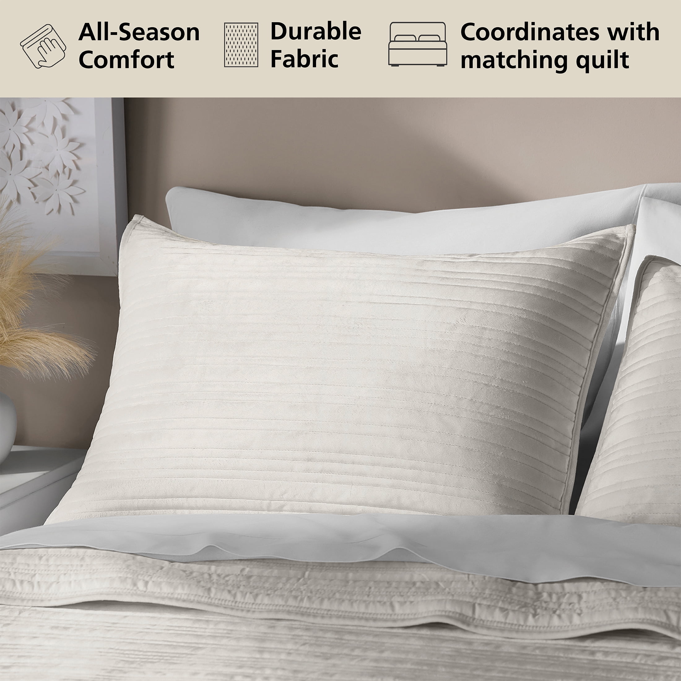 Mainstays Soft Velvet Pillow Sham, Standard, Off-White, 1 Pack