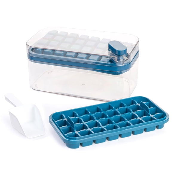 Mainstays Ice Cube Tray with Bin and Scoop, 4-Piece Ice Cube Making Set, Ideal Use for Ice Making and Freezer Storage