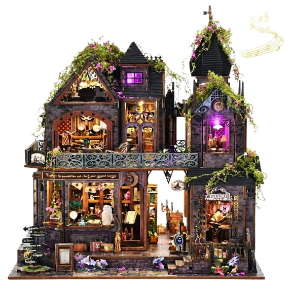 Dollhouse Kit for Adult Builders, DIY Magic Castle Gothic Witch Miniature House, 3D Wooden Puzzle Diorama with Touch‑Activated LED Lights and Music Box, Halloween Tabletop Display Gift