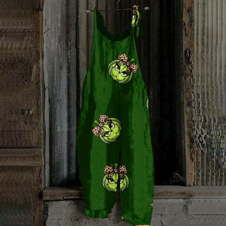 

Grinch Print Costumes Women S Jumpsuit Print Casual Loose Vintage Shoulder Strap Cotton Linen 2024 New Fall Green Grinch Christmas Costumes