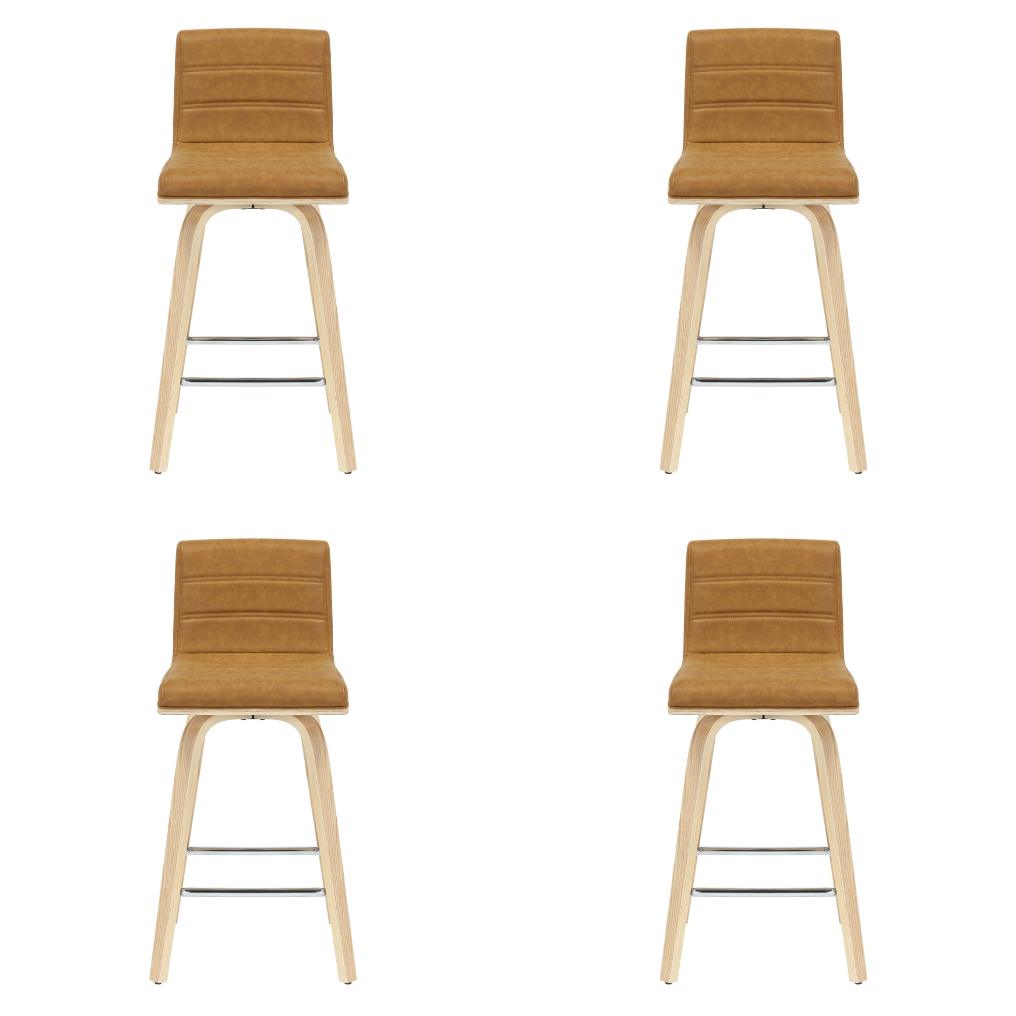 Vienna 35.5 in. H Swivel Counter Height Camel Square Back Wood Bar Stool with Faux Leather Seat Set of 4