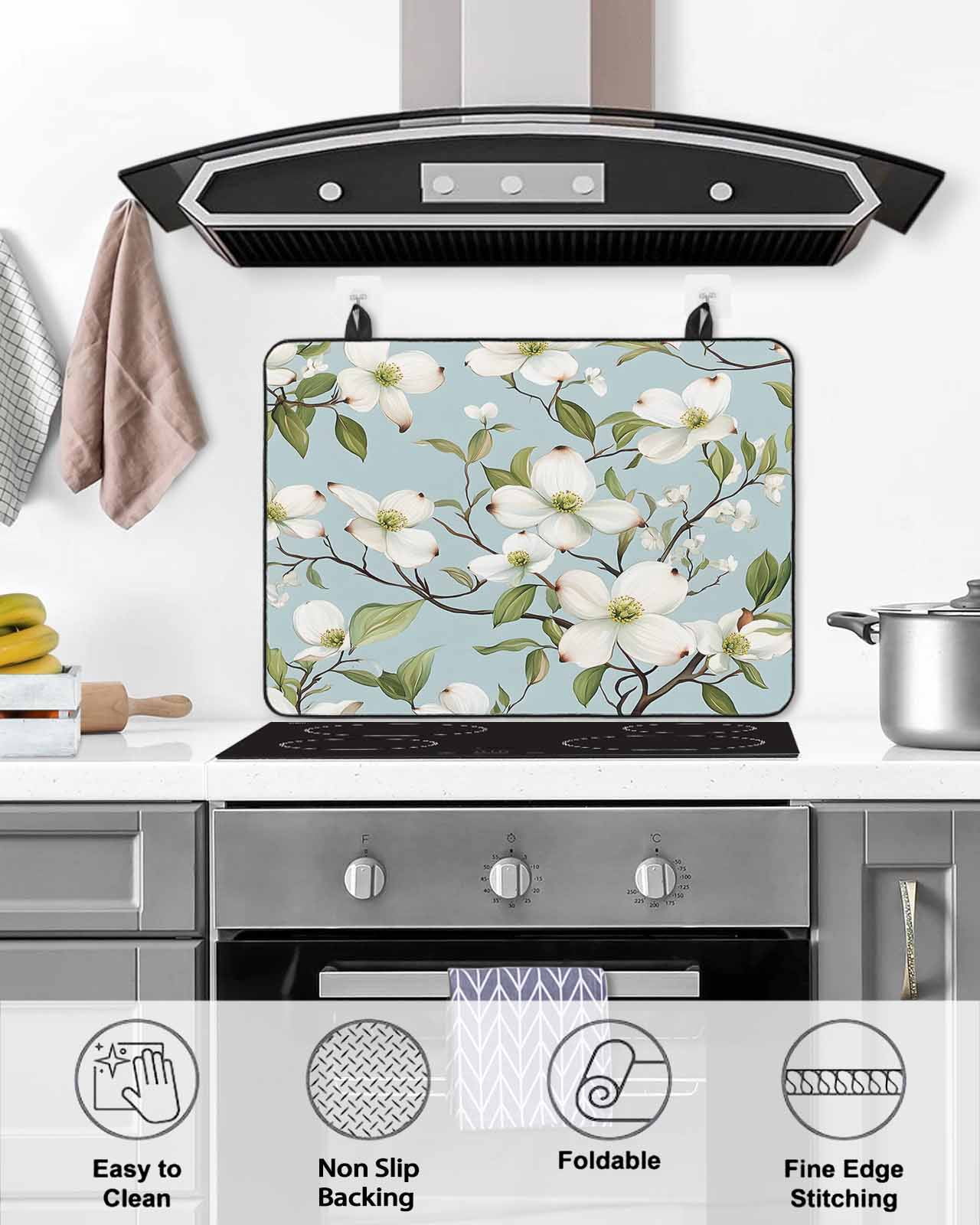 nqOlkjepod Large Induction Cooktop Protector Mat 24"x21", Vintage Flower Stove Top Covers for Electric Stove, Spring Blooms Botanicals Green Leaf Stove Burner Cover Mats, Glass Top Stove Cover