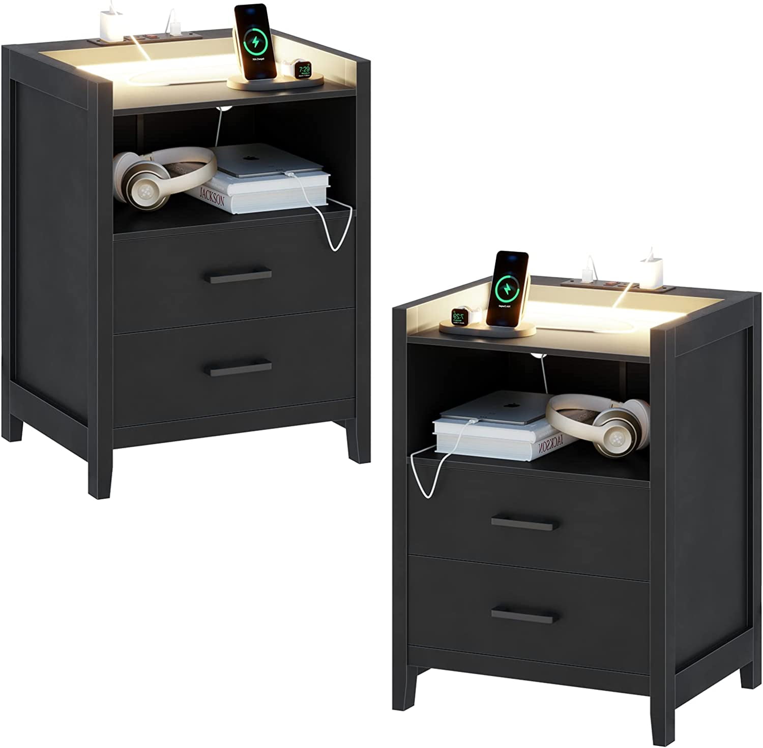 Nightstand Set of 2 with 2 Drawers & Charging Station, LED Nightstand
