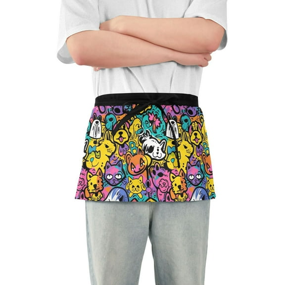 Server Apron with 3 Pockets Waterproof Waitress Waist Short Apron for Man Woman Cat and Dog Graffiti 12 Inches
