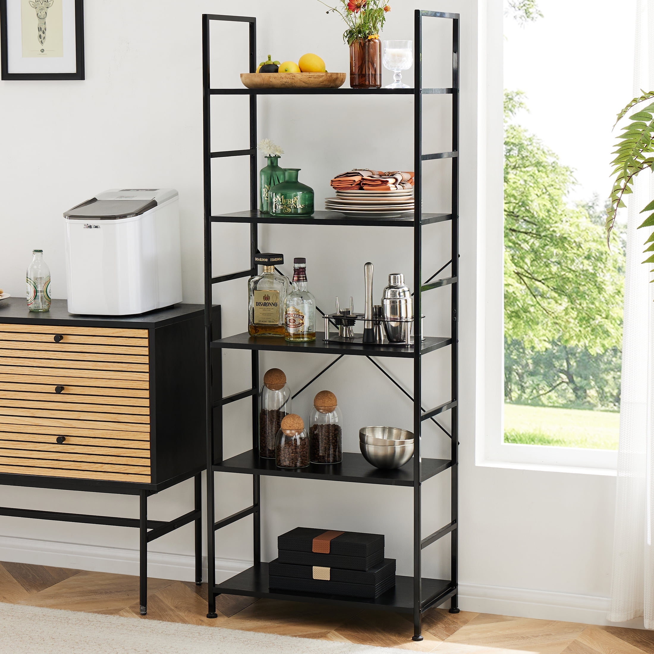 EDX Bookcase, 5 Tier Book Shelf, Storage Shelf, Classic Modern Bookcase for CDs, Movies, Books, Industrial Bookcase for Home Office, Living Room, Kitchen, Bedroom, Black