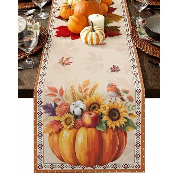 Fall Table Runner Thanksgiving Harvest Pumpkin Table Runners Bird Maple Leaves Sunflower Boho Cotton Linen Dresser Scarf Kitchen Dining Table Decor for Fall Holiday Party Decor 13x90 Inch