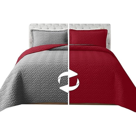 Elegant Comfort 3-Piece Quilted Reversible Bedspread Coverlet Set with Pillow Shams, Exquisite Majestic Stitching All Season Heavy Weight - Ultra Soft Premium Quilt- Full, Burgundy/Gray